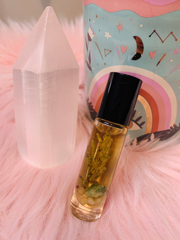 grounding aromatherapy oil infused with cedar and crystals